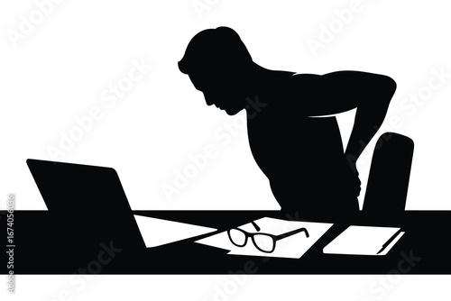 Silhouette of a person experiencing back pain while working at a desk with a laptop