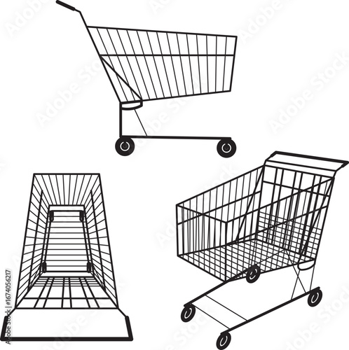 Vector shopping cart set in multiple views, symbolizing retail, supermarket, grocery store, e-commerce, consumer shopping, trolley, basket, purchase, checkout, sales, and retail business concept.