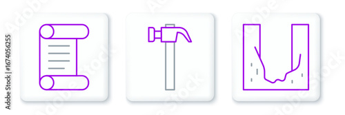 Set line Cemetery digged grave hole, Decree, parchment, scroll and Hammer icon. Vector