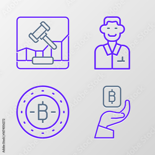 Set line Hand holding Bitcoin, Trader and Online internet auction icon. Vector