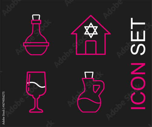 Set line Bottle of olive oil, Jewish goblet, synagogue and wine bottle icon. Vector