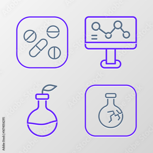 Set line Cracked flask, Plant breeding, Chemical formula and Medicine pill tablet icon. Vector