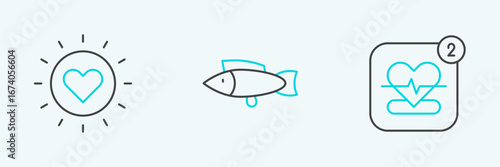 Set line Mobile with heart rate, Sun and Fish icon. Vector