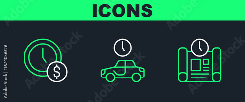 Set line Project time plan, Time is money and to travel icon. Vector