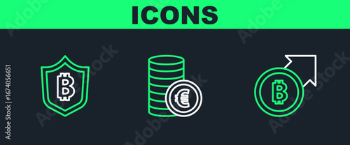 Set line Financial growth and bitcoin, Shield with and Coin money euro symbol icon. Vector