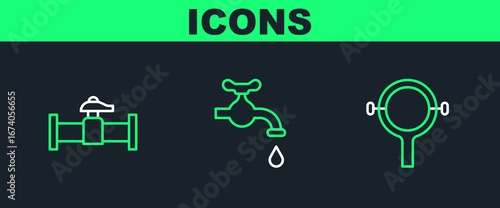 Set line Filter wrench, Industry pipe and valve and Water tap icon. Vector