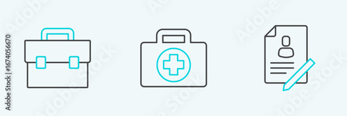 Set line Document with shield, Briefcase and First aid kit icon. Vector