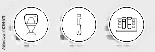 Set line Test tube with water drop, Toilet bowl and Screwdriver icon. Vector