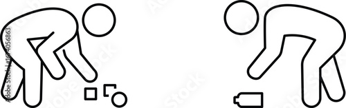 Stick figure icons of people picking up trash and toys, editable stroke, vector, illustration