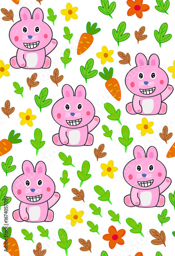Seamless cute pattern of pink bunny rabbits, carrots, leaves, and flowers drawn in colored pencil style. Perfect for kids’ fabric, wallpaper, wrapping paper, and kawaii cartoon design.