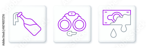 Set line Bloody money, Cocktail molotov and Handcuffs icon. Vector