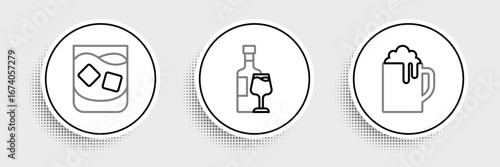 Set line Wooden beer mug, Glass of whiskey and Wine bottle with glass icon. Vector