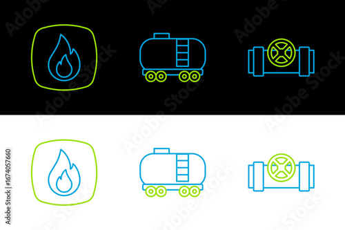 Set line Metallic pipes and valve, Fire flame and Oil railway cistern icon. Vector