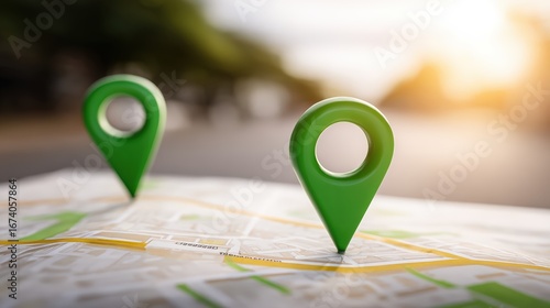 Close-up of green map location pins on paper map highlighting navigation and travel points outdoors du sunset