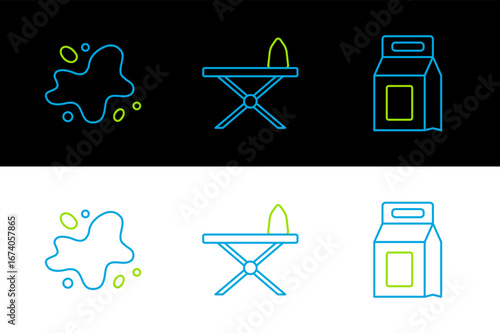Set line Laundry detergent, Water spill and Iron and ironing board icon. Vector