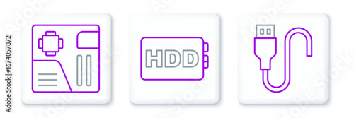 Set line USB cable cord, Motherboard digital chip and Hard disk drive HDD icon. Vector