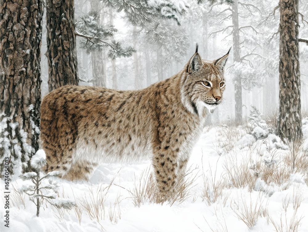 Fototapeta premium Bobcat Illustration: Realistic Drawing of a White Lynx in the Taiga Forest
