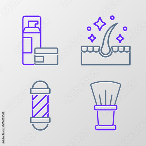 Set line Shaving brush, Classic Barber shop pole, Oil for hair care treatment and gel foam icon. Vector