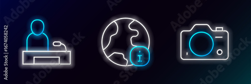 Set line Photo camera, Television report and World news icon. Glowing neon. Vector