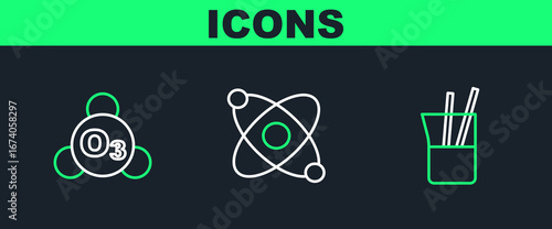 Set line Laboratory glassware, Ozone and Atom icon. Vector