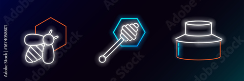 Set line Beekeeper with protect hat, and honeycomb and Honey dipper stick icon. Glowing neon. Vector