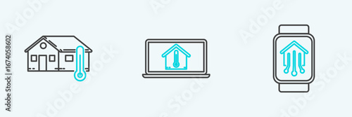 Set line Smart home with smart watch, House temperature and Laptop house icon. Vector