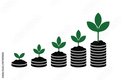Green plants growing from stacks of coins symbolizing financial growth and investment success