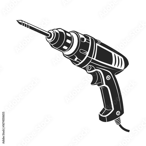 Detailed Black Silhouette of a Corded Power Drill, Ready for Home Improvement and Construction Projects