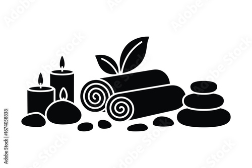 Black silhouette of spa elements including candles rolled towels and stacked stones