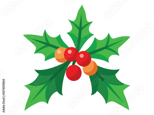 Festive Holly Berry Illustration with Green Leaves and Red Berries