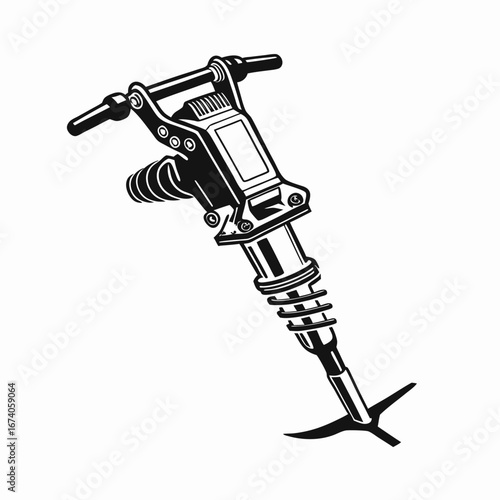 Monochrome vector art of a heavy-duty pneumatic jackhammer. A powerful symbol of demolition, construction, roadwork, and industrial labor