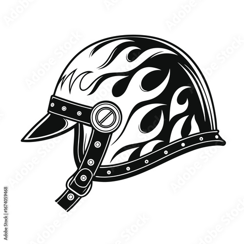 Monochrome vector design of a classic protective biker helmet with a hot rod flame graphic isolated on a white background