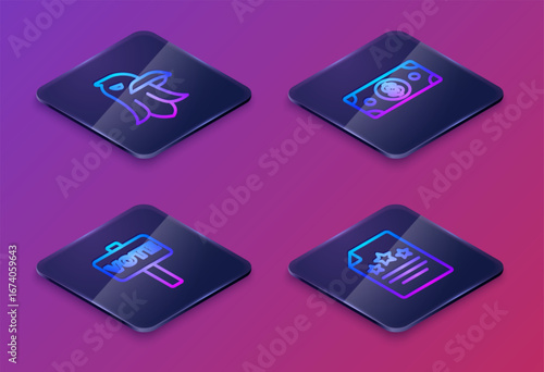 Set Isometric line Eagle, Vote, Stacks paper money cash and Declaration of independence. Blue square button. Vector