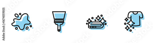 Set line Towel stack, Water spill, Rubber cleaner for windows and Drying clothes icon. Vector