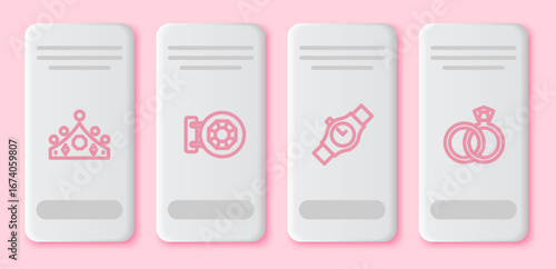 Set line King crown, Jewelry store, Wrist watch and Wedding rings. White rectangle button. Vector