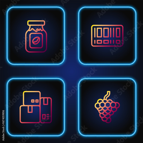 Set line Grape fruit, Cash register machine, Coffee jar bottle and Barcode. Gradient color icons. Vector