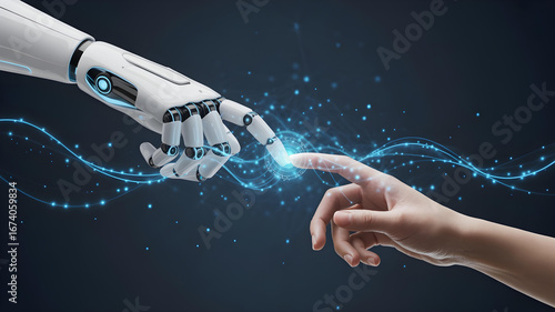 A 3D render of a humanoid robot hand and a human hand about to touch, with glowing digital energy connecting them. Concept of Human-AI partnership. 