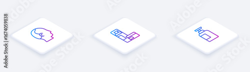 Set Isometric line Baldness, Shaving gel foam and Bottle of shampoo. White square button. Vector