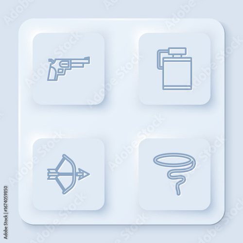 Set line Revolver gun, Canteen water bottle, Bow and arrow in quiver and Lasso. White square button. Vector