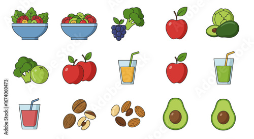 Flat vector illustration of healthy food icons including salad bowls, apples, avocado, broccoli, grapes, cabbage, nuts, and fresh fruit juices. Perfect for nutrition blogs, restaurant menus, healthy l