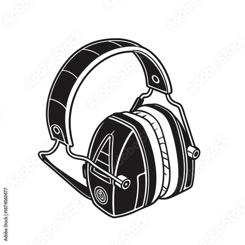 Monochrome vector graphic of professional sound-dampening headphones. Industrial safety equipment for hearing protection, isolated line art icon