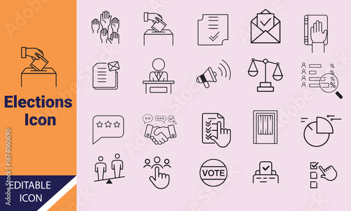 Collection features varied line icons representing voting, polling and democratic elections, all isolated on light background