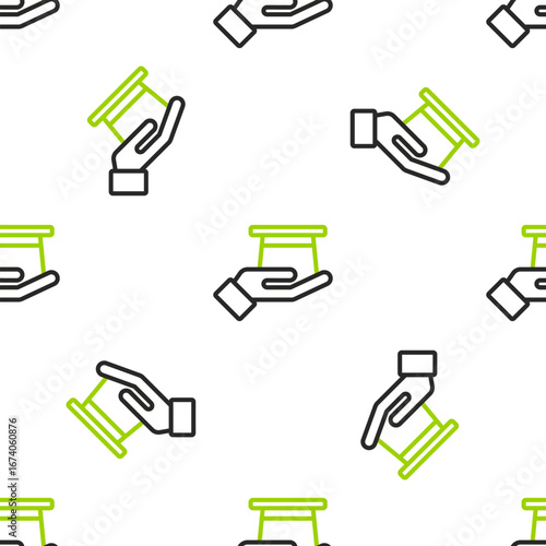 Line Magician hat in hand icon isolated seamless pattern on white background. Magic trick. Mystery entertainment concept. Vector