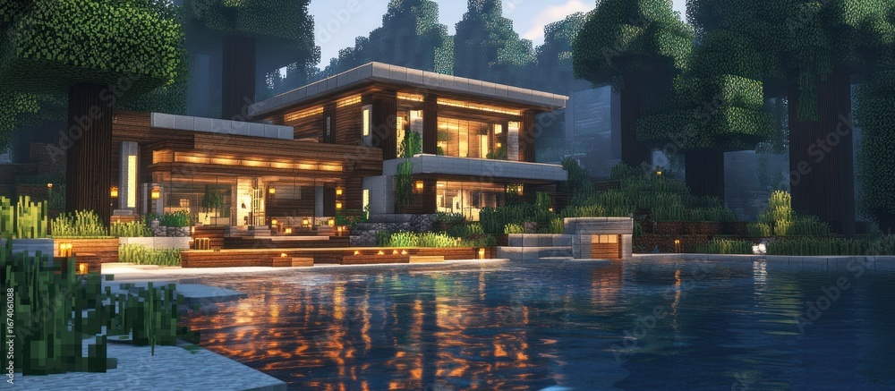 Naklejka premium Modern House by a Pool in a Forest