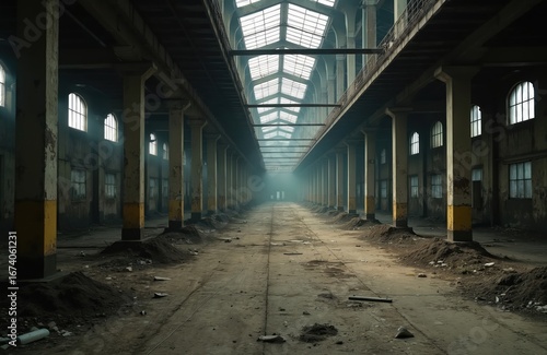 Wallpaper Mural Vast, empty interior of old abandoned factory. Tall concrete pillars support upper levels with arched windows. Natural light streams through ceiling, illuminating dust motes, long, debris-strewn Torontodigital.ca