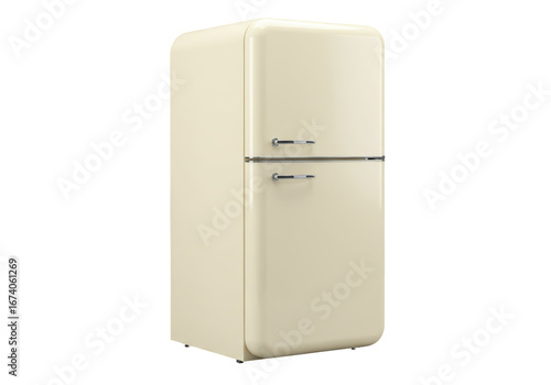 Isolated vintage-style refrigerator, classic retro fridge freezer in pale creamy yellow color