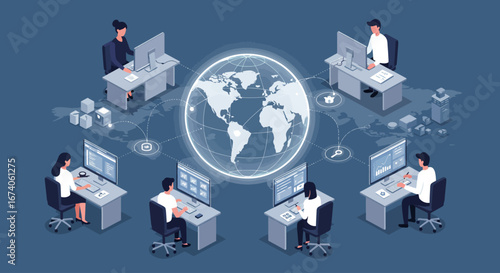 This flat design illustration depicts a diverse team collaborating remotely across continents on a digital globe, symbolizing international tech talent integration and global project management.