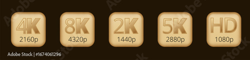 Hd resolution icons: 4k, 8k, 2k, 5k, hd display standards.