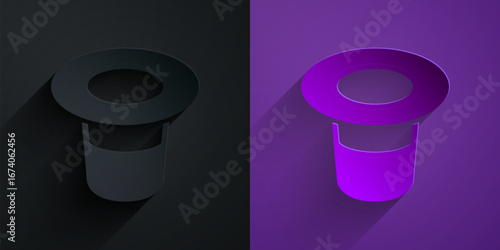 Paper cut Magic hat icon isolated on black on purple background. Magic trick. Mystery entertainment concept. Paper art style. Vector