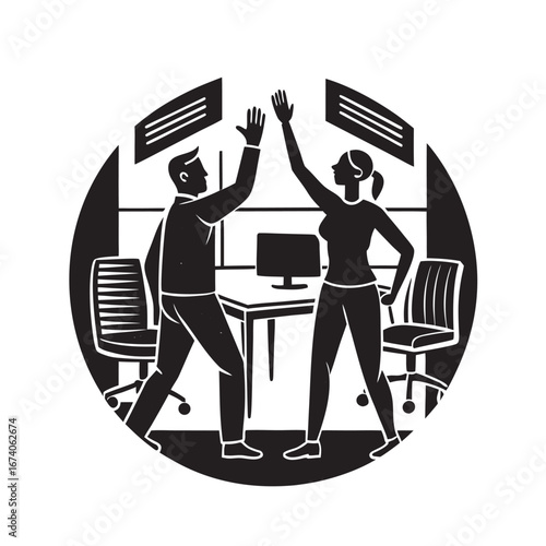 Coworkers Giving High Five Teamwork Silhouette Illustration